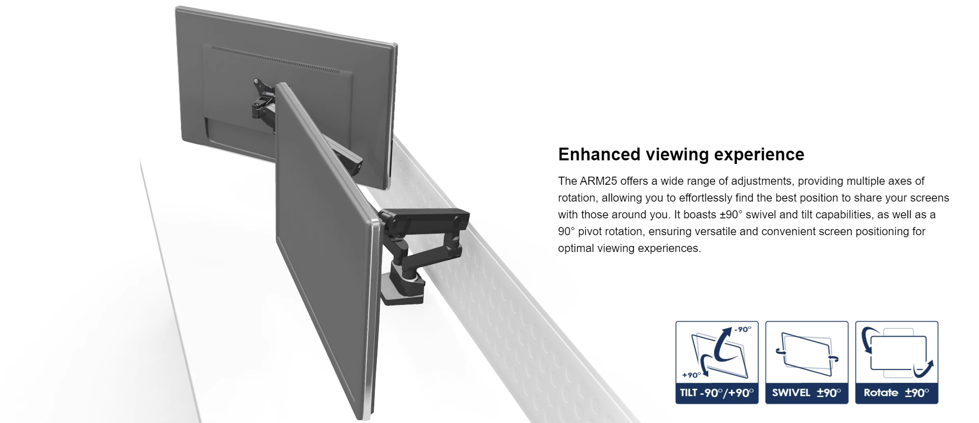 A large marketing image providing additional information about the product SilverStone ARM25 Dual Monitor Arm - Black - Additional alt info not provided